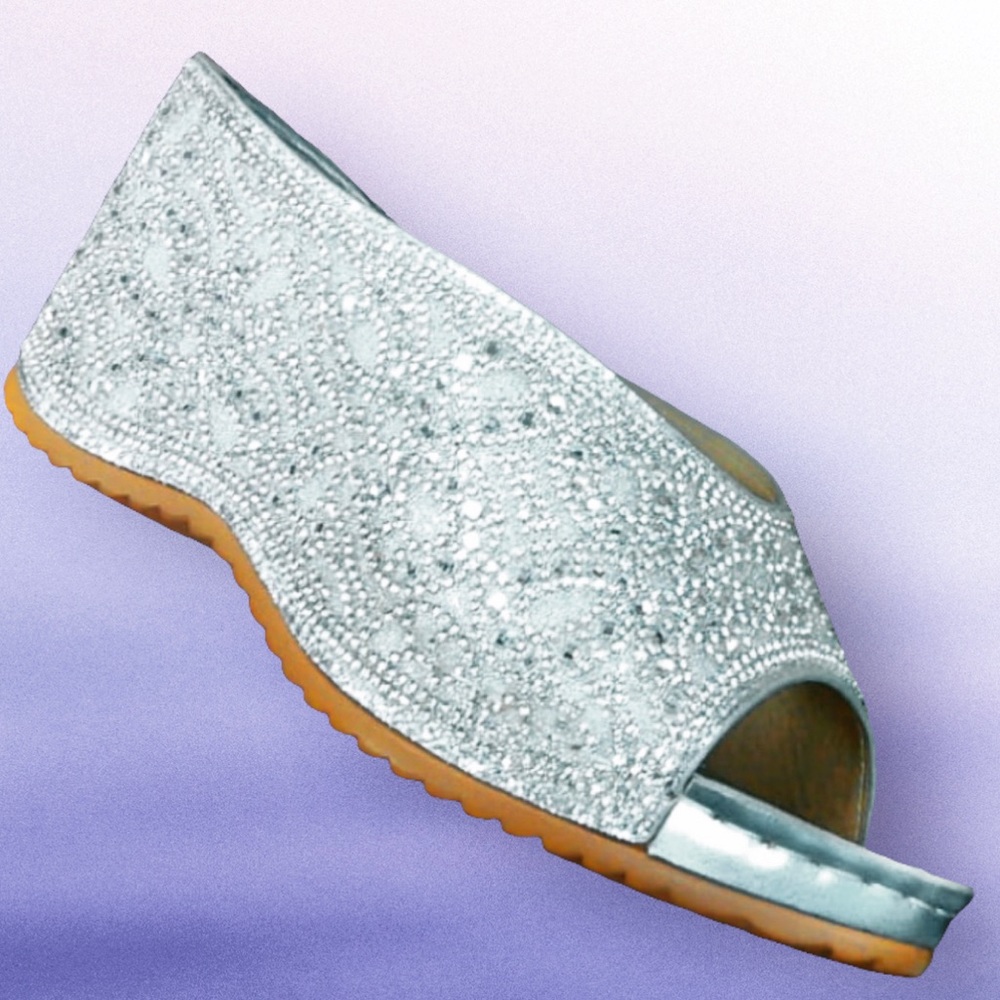 Restocked! Italina Bright Silver Rhinestone Embellished Wedge Heeled Mules